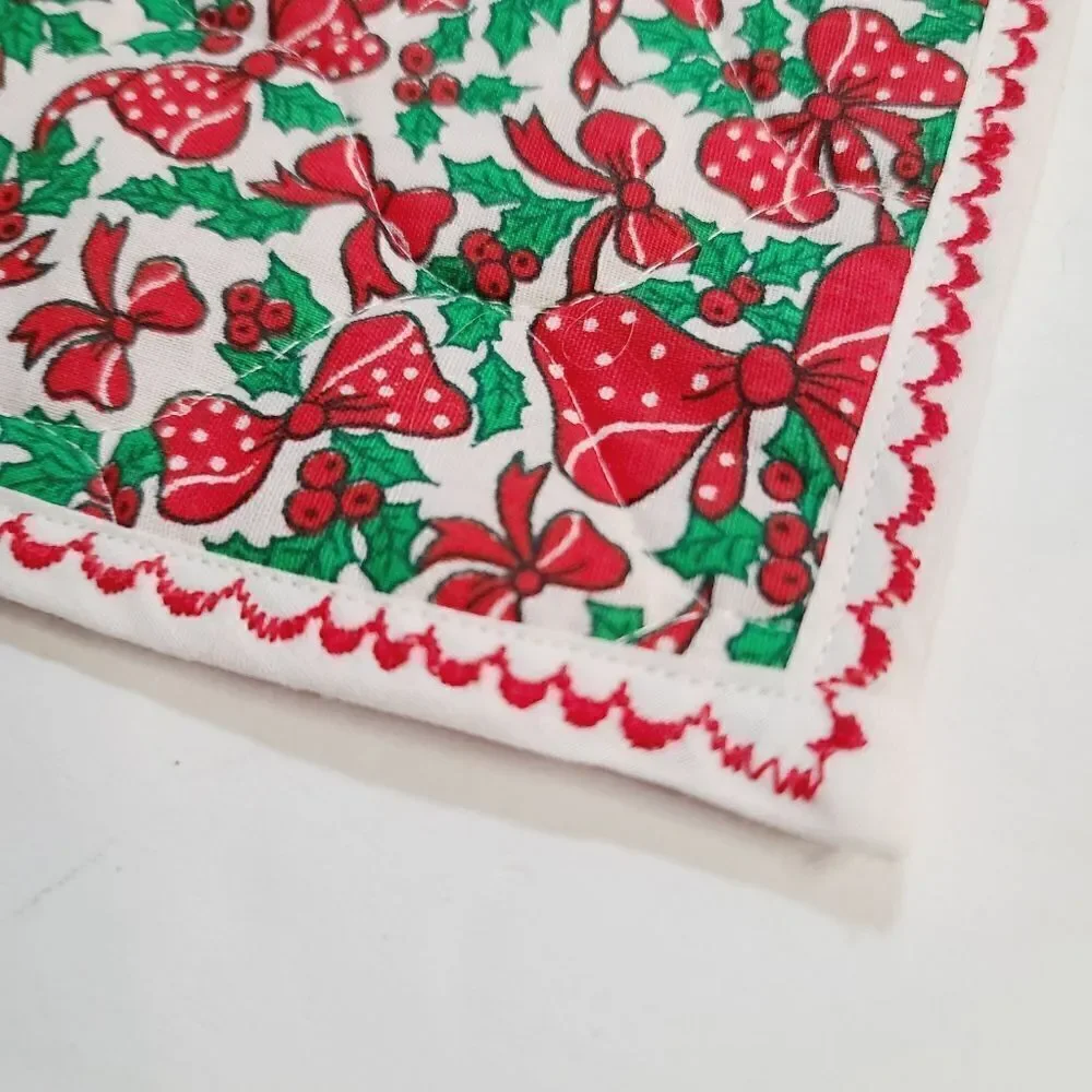Vintage Red Polka Dot Ribbon Bow Holly Christmas Pot Holder